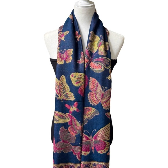 Accessories - Blue Pink Fuchsia Gold Metallic Fringed Butterfly Shawl Wrap/ Scarf NEW